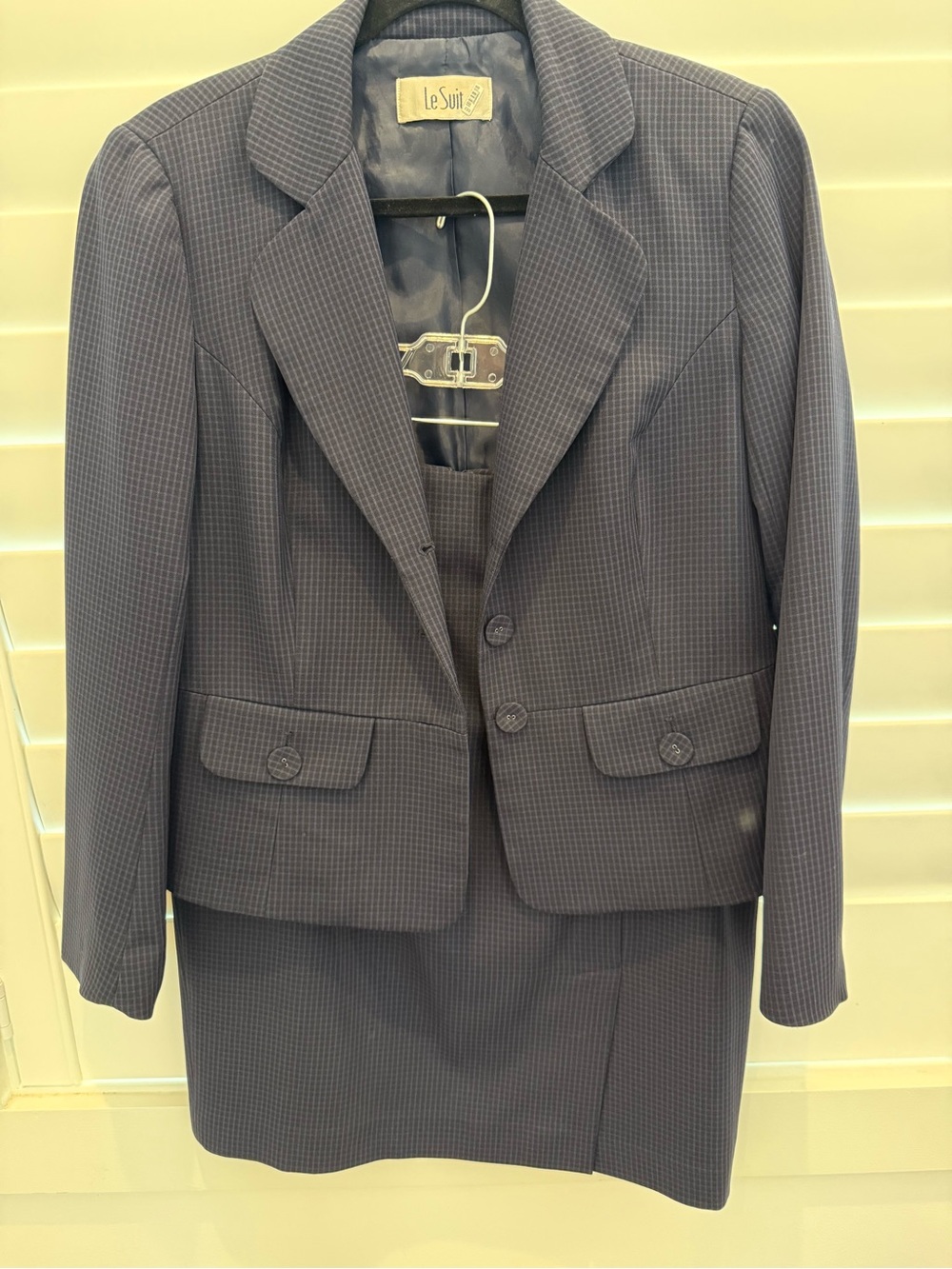 Le Suit Navy Micro-Check Two-Piece Blazer & Skirt Set